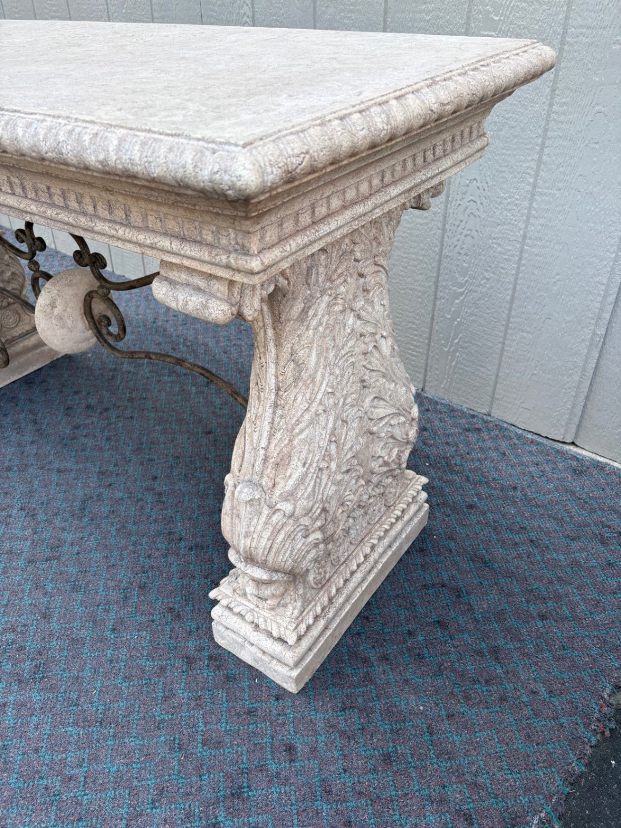 68079 Elegant Classical Cement Console Table with Ornate Ironwork