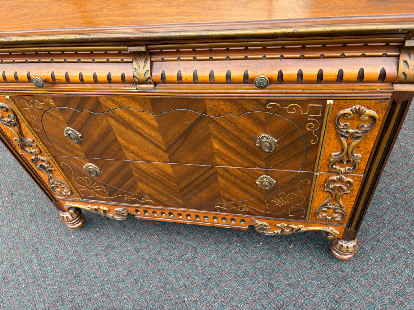 67897  Art Deco Dresser with Ornate Mirror and Intricate Carvings