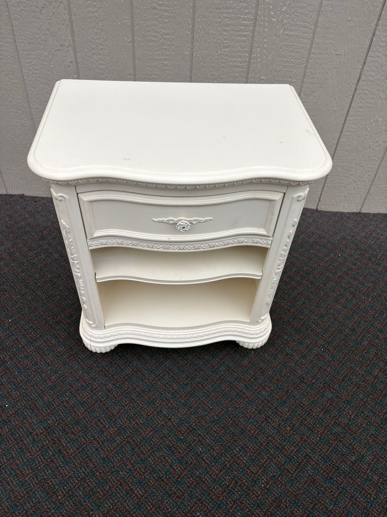 67552 French Provincial White Nightstand with Carved Details