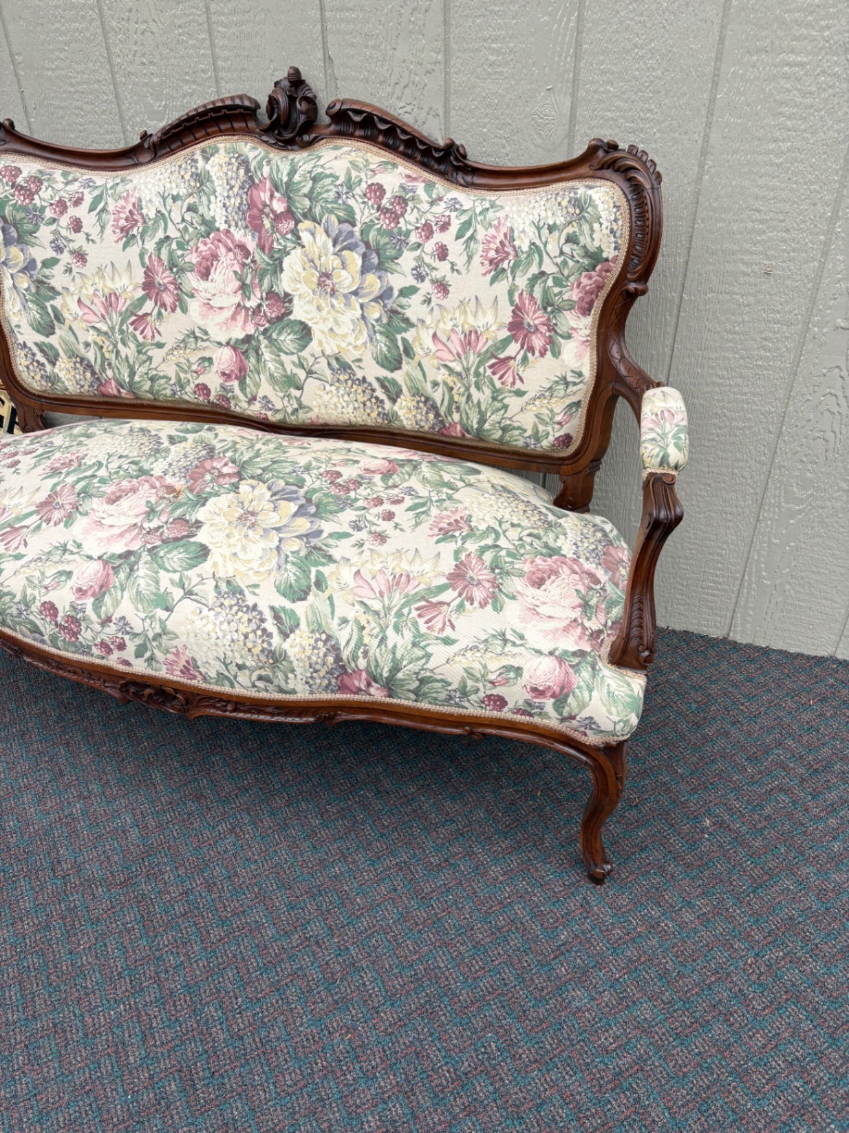 67710 Antique French Louis XV Style Loveseat with Floral Upholstery