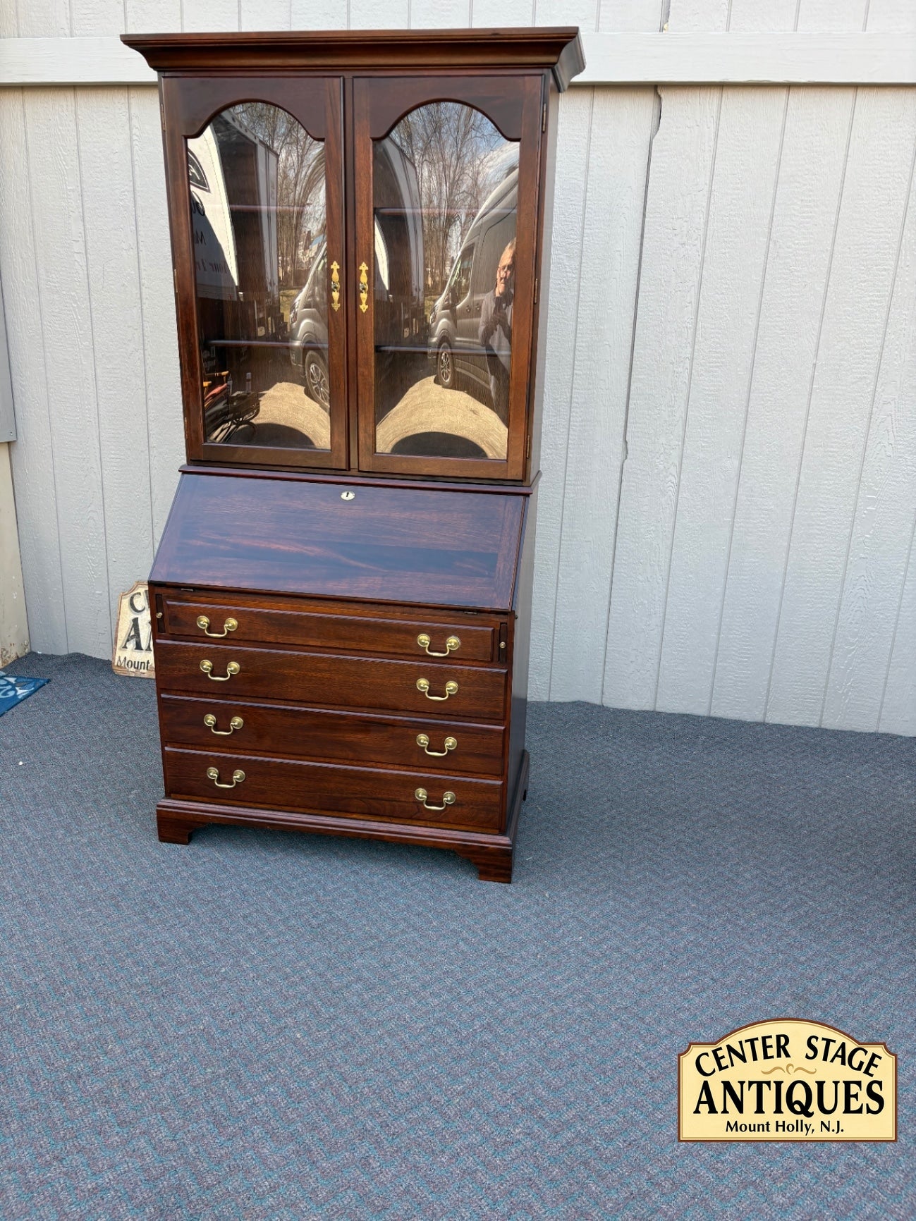67847 Vintage Mahogany Secretary Desk with Glass Front Bookcase