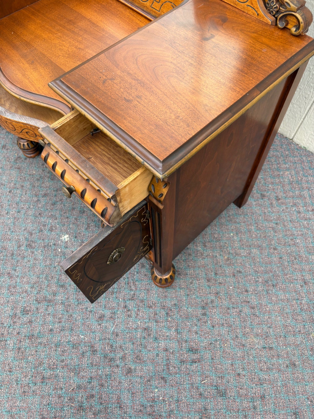 67896 Art Deco Vanity with Mirror, Intricate Carvings, Walnut Finish