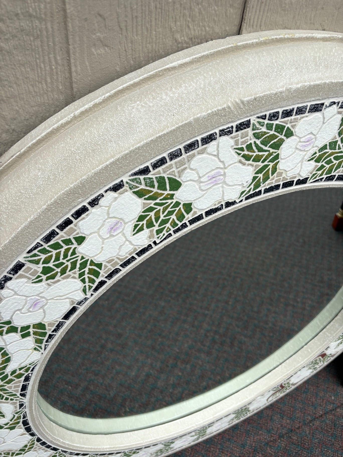67830 Large Round Floral Mosaic Wall Mirror with White and Green Accents