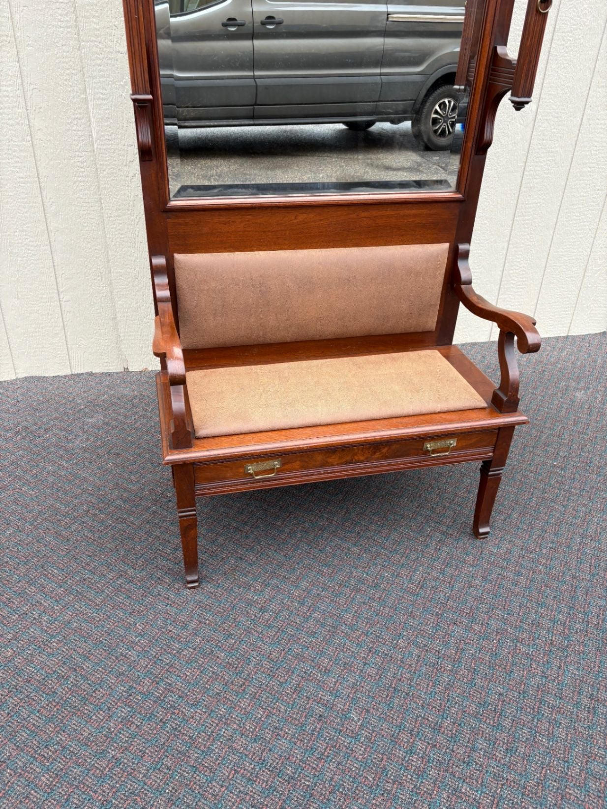 67402 Victorian Hall Seat with Mirror and Brass Hooks in Mahogany