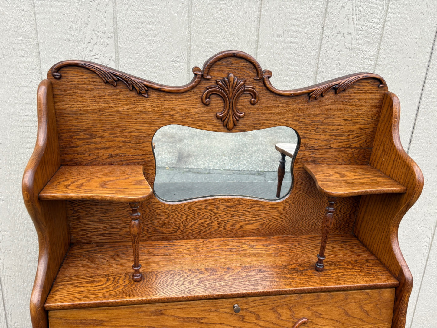 67826 Antique Oak Larkin Desk with Mirror and Shelving, Early 1900s