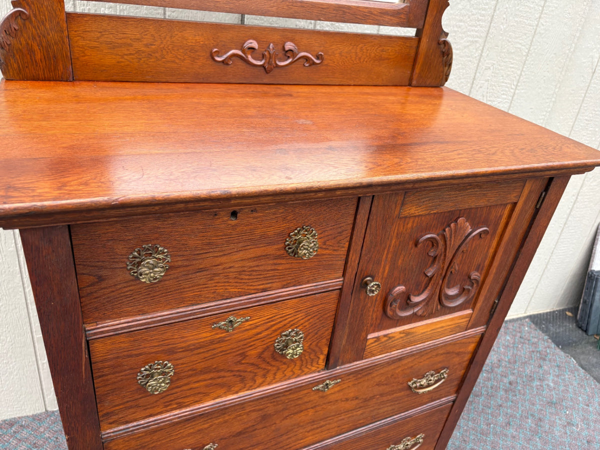 68120 Victorian Oak High Chest with Mirror and Carved Details