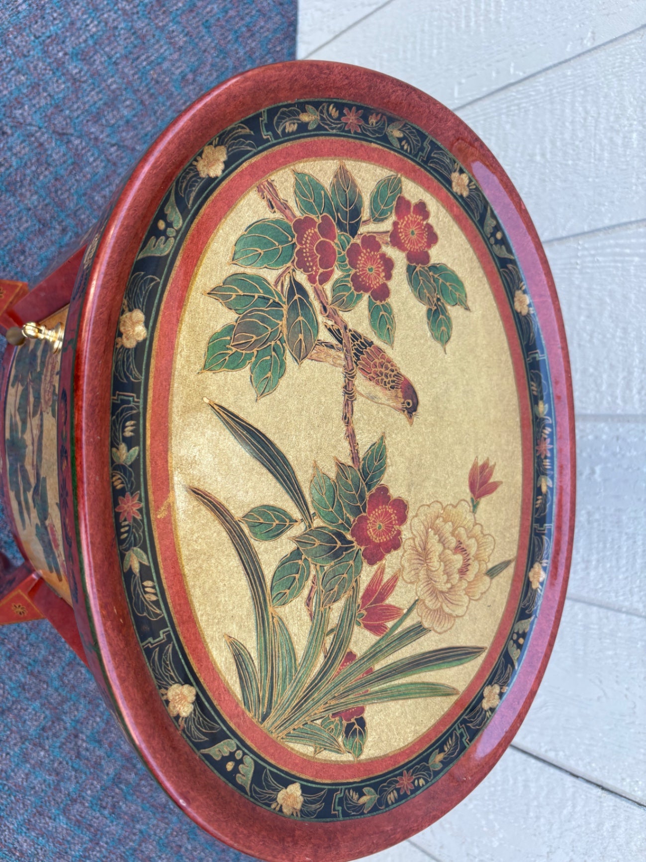 67855  Hand-Painted Oval Accent Table with Floral and Bird Motif