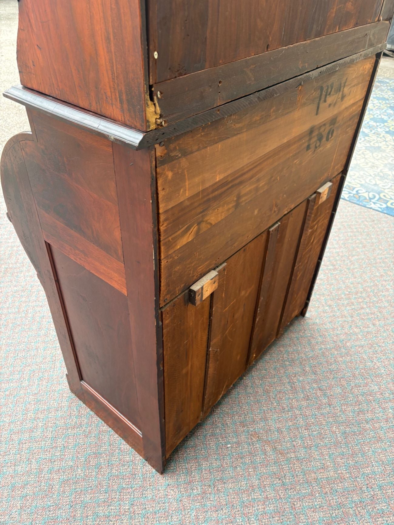 67689  Victorian Cylinder Secretary Desk with Glass Cabinet Top