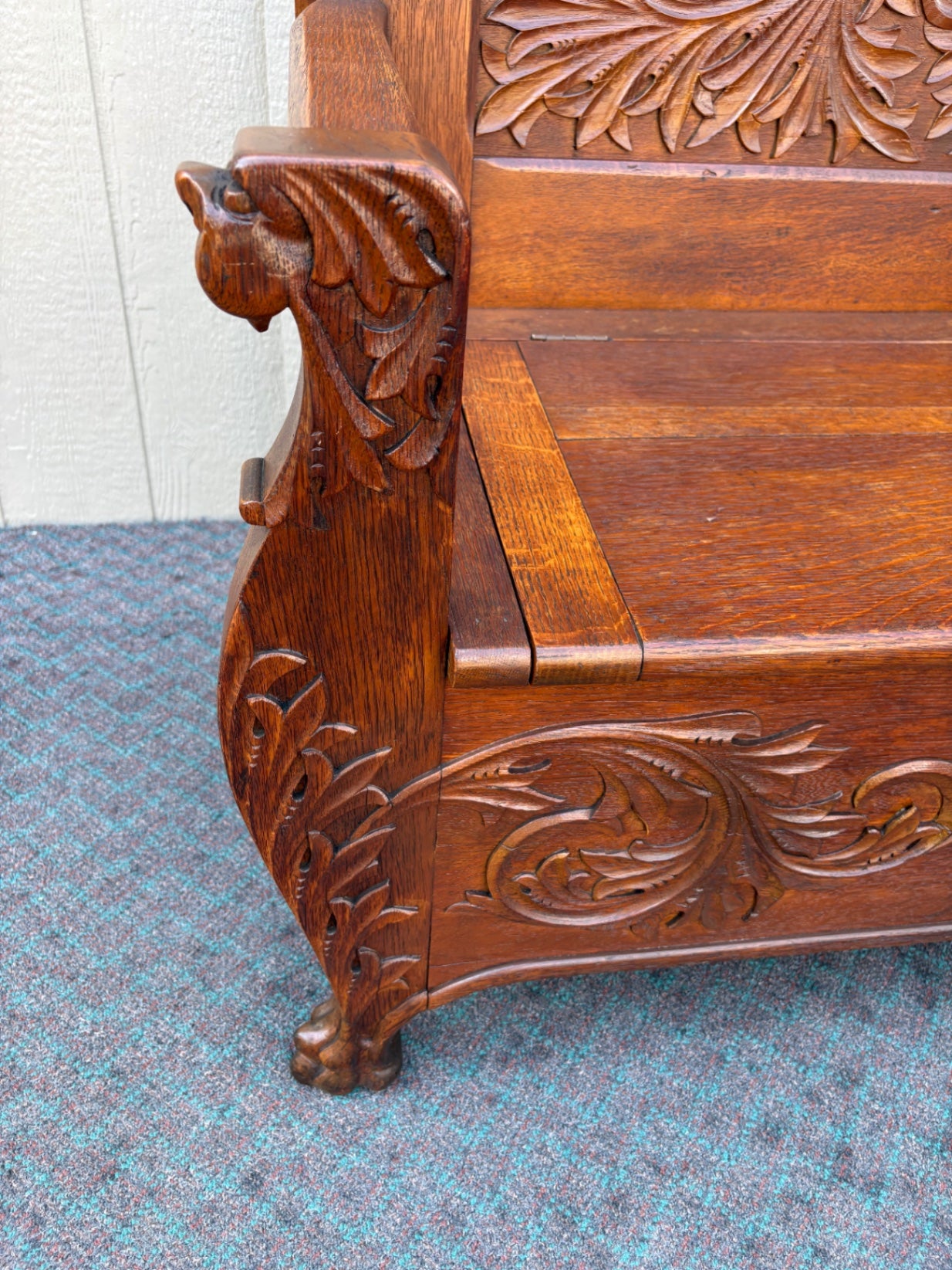 67891  Victorian Oak Carved Storage Bench with Lion Motif Details