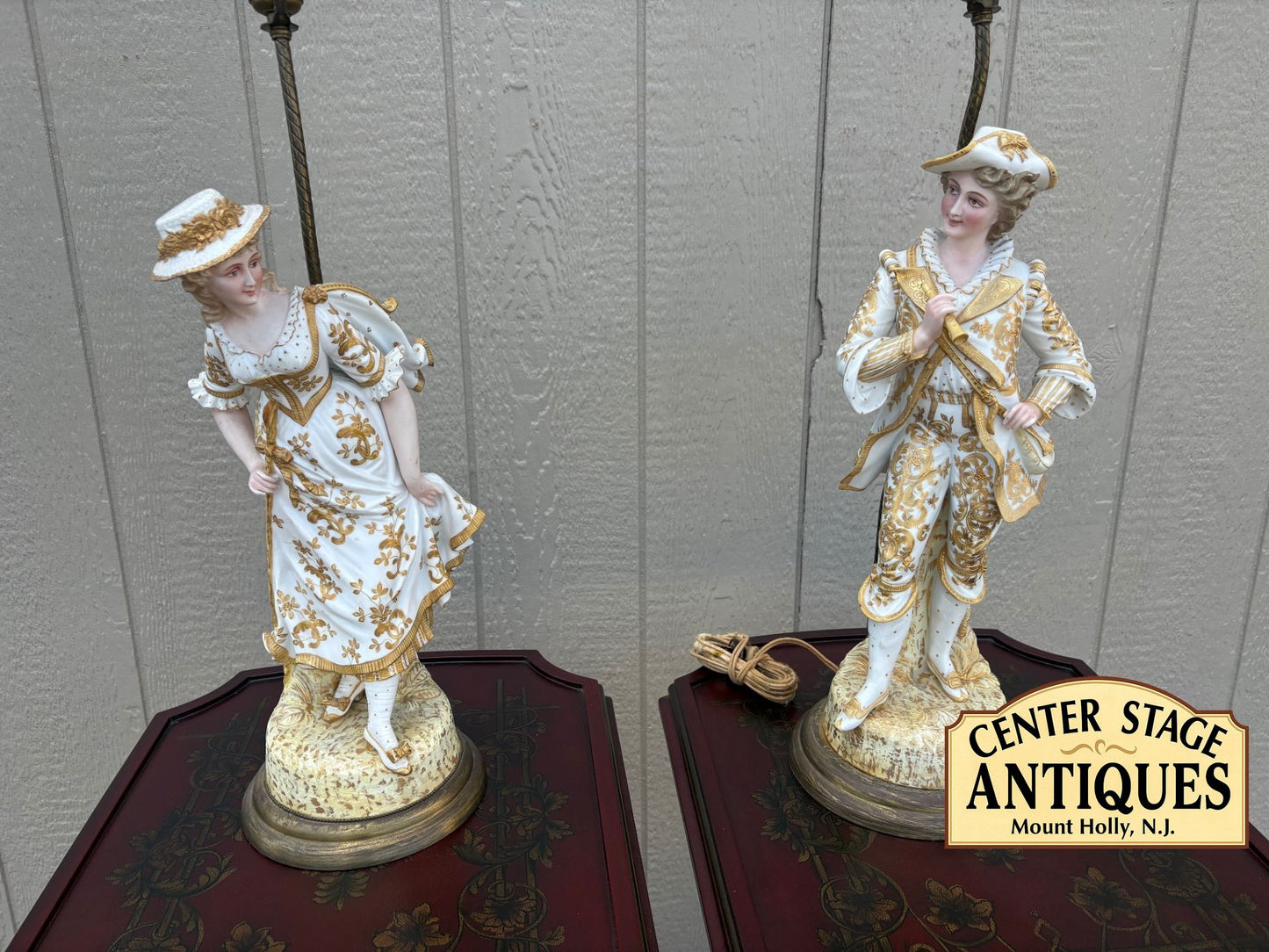 67579 Pair of Vintage Porcelain Figural Table Lamps with Gilded Accents