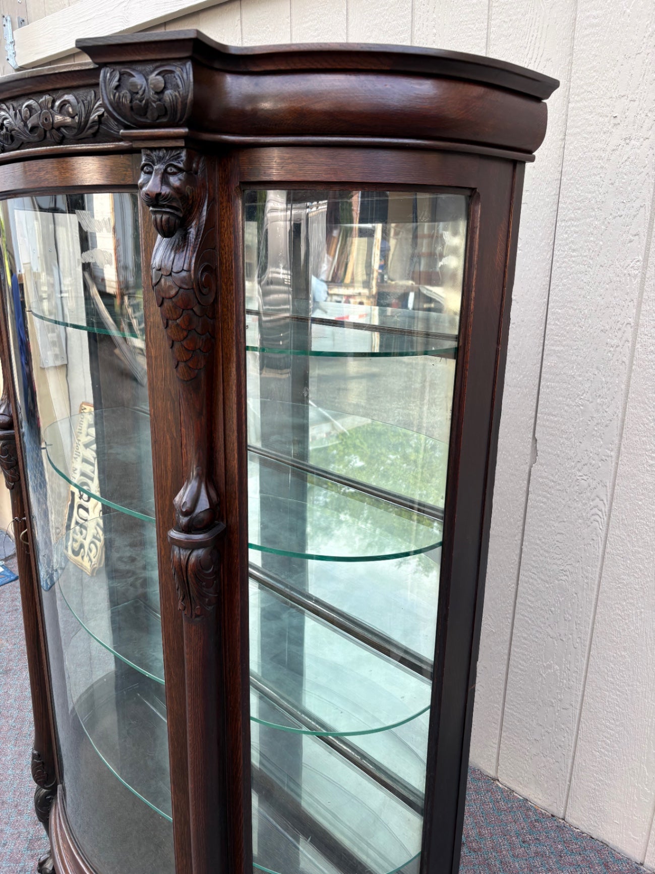 67971 Antique Curved Glass Oak China Cabinet with Lion Carvings
