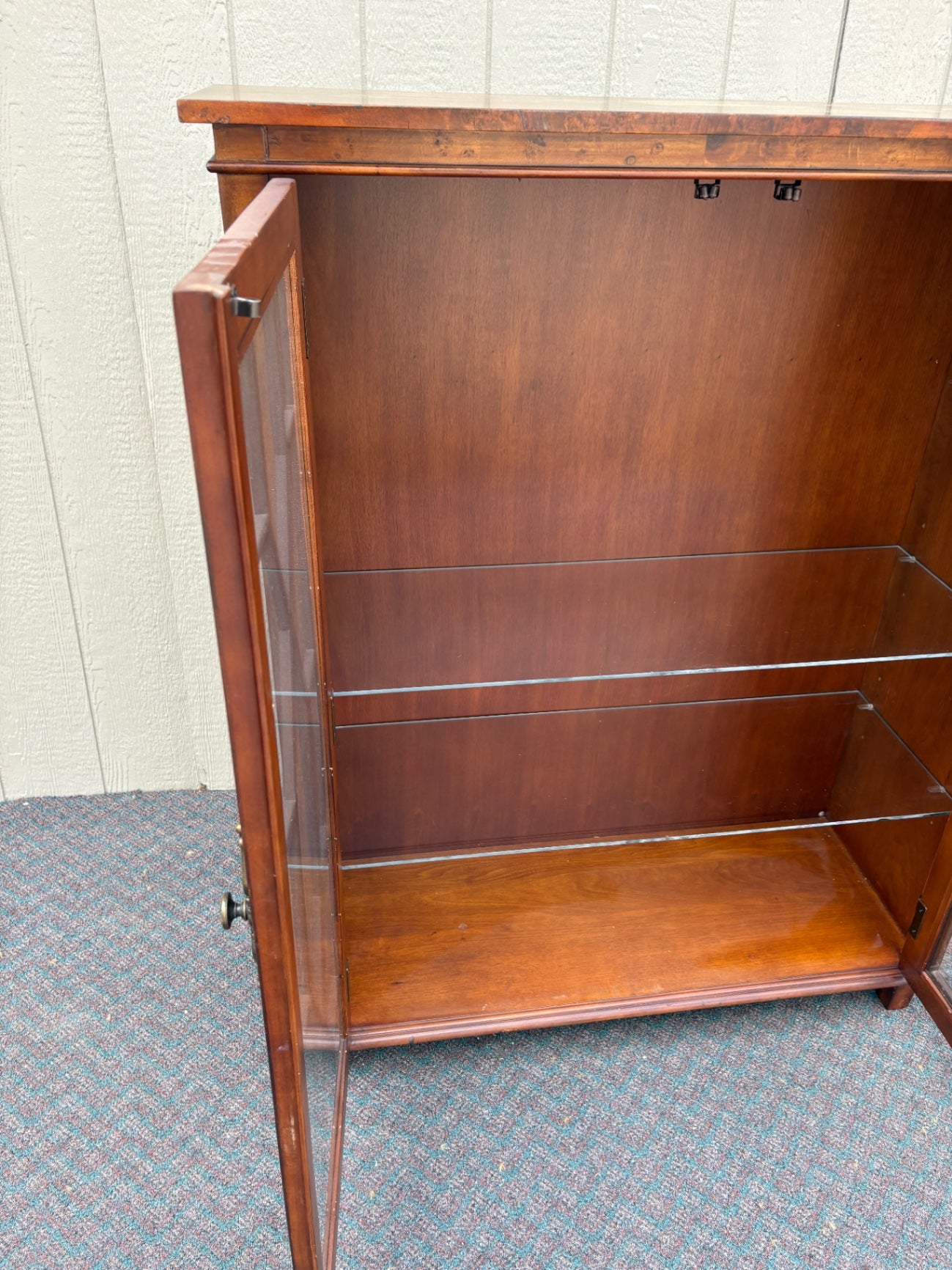 67660 Vintage Glass Front Bookcase with Geometric Wood Inlay