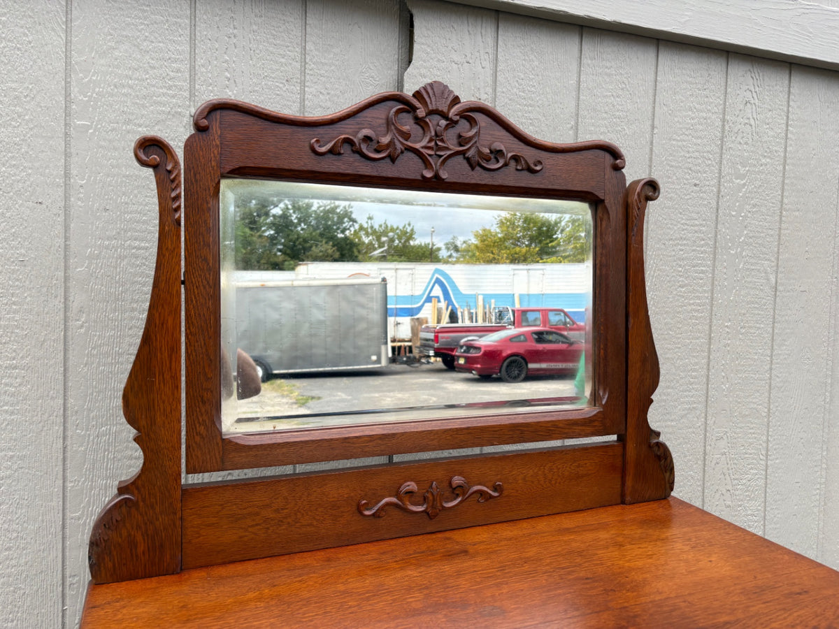 68120 Victorian Oak High Chest with Mirror and Carved Details