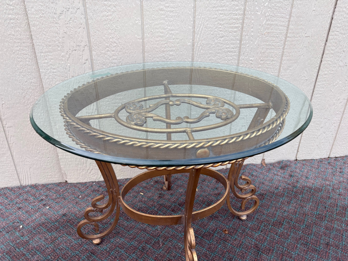 68117 Elegant Round Glass Top Side Table with Ornate Metal Base