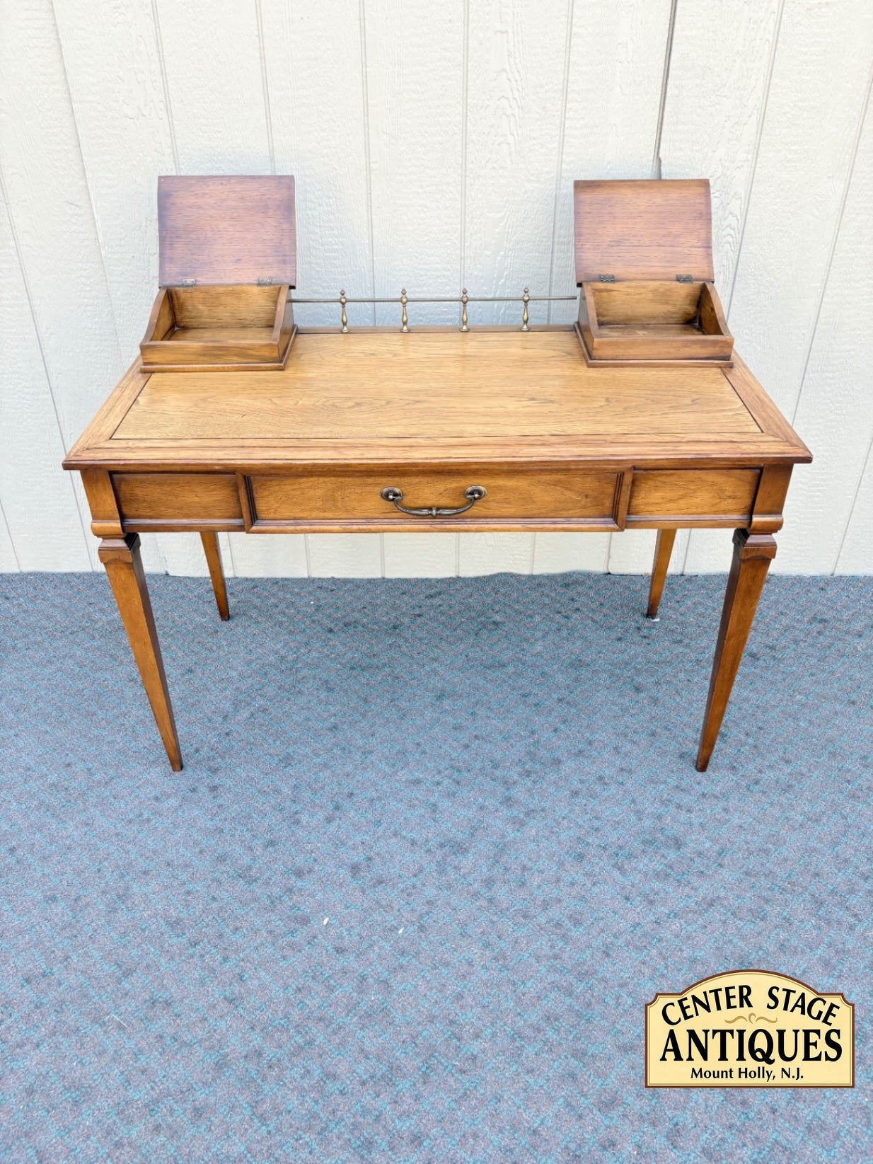67969 Vintage Wood Writing Desk with Brass Gallery and Hidden Compartments