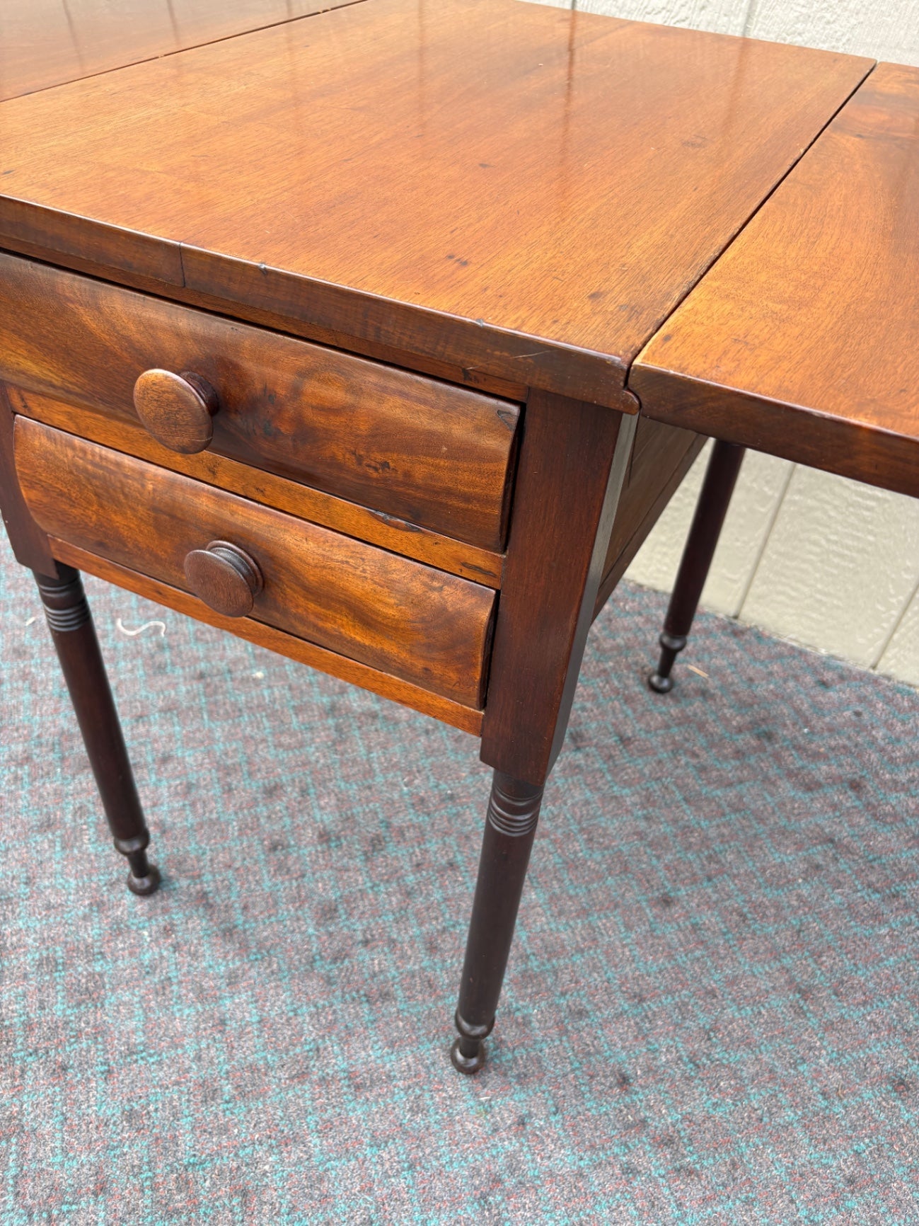 68085  Antique Drop Leaf Side Table with Drawers, Solid Wood