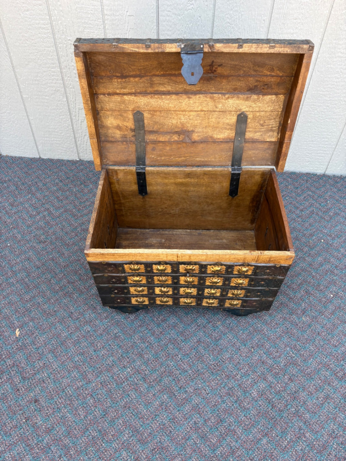67771  Vintage PIER 1  Wooden Trunk on Wheels with Metal Accents