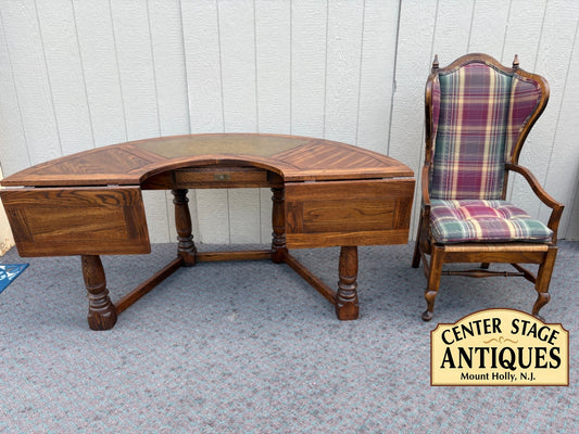 67998 Vintage Oak Kidney Desk with Plaid Upholstered Chair Set