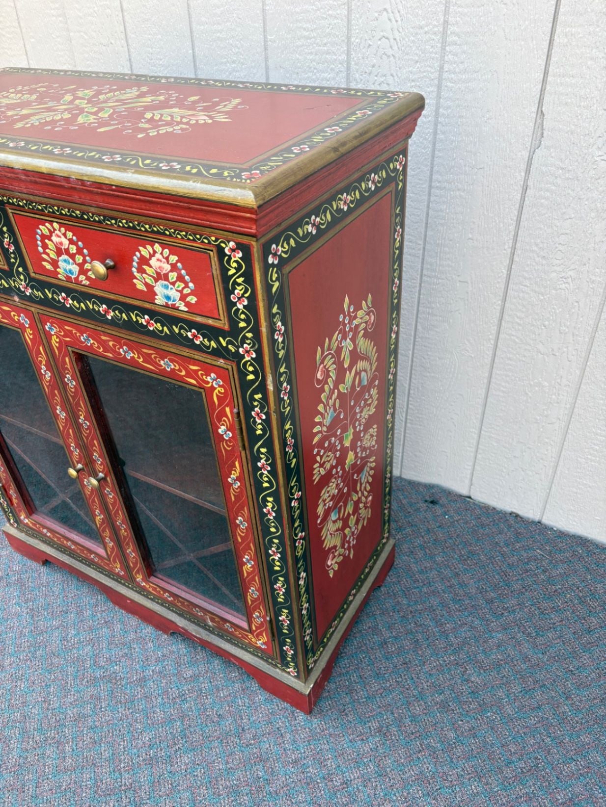 67610 Hand-Painted Pier 1 Wine Cabinet with Floral Motif and Glass Doors