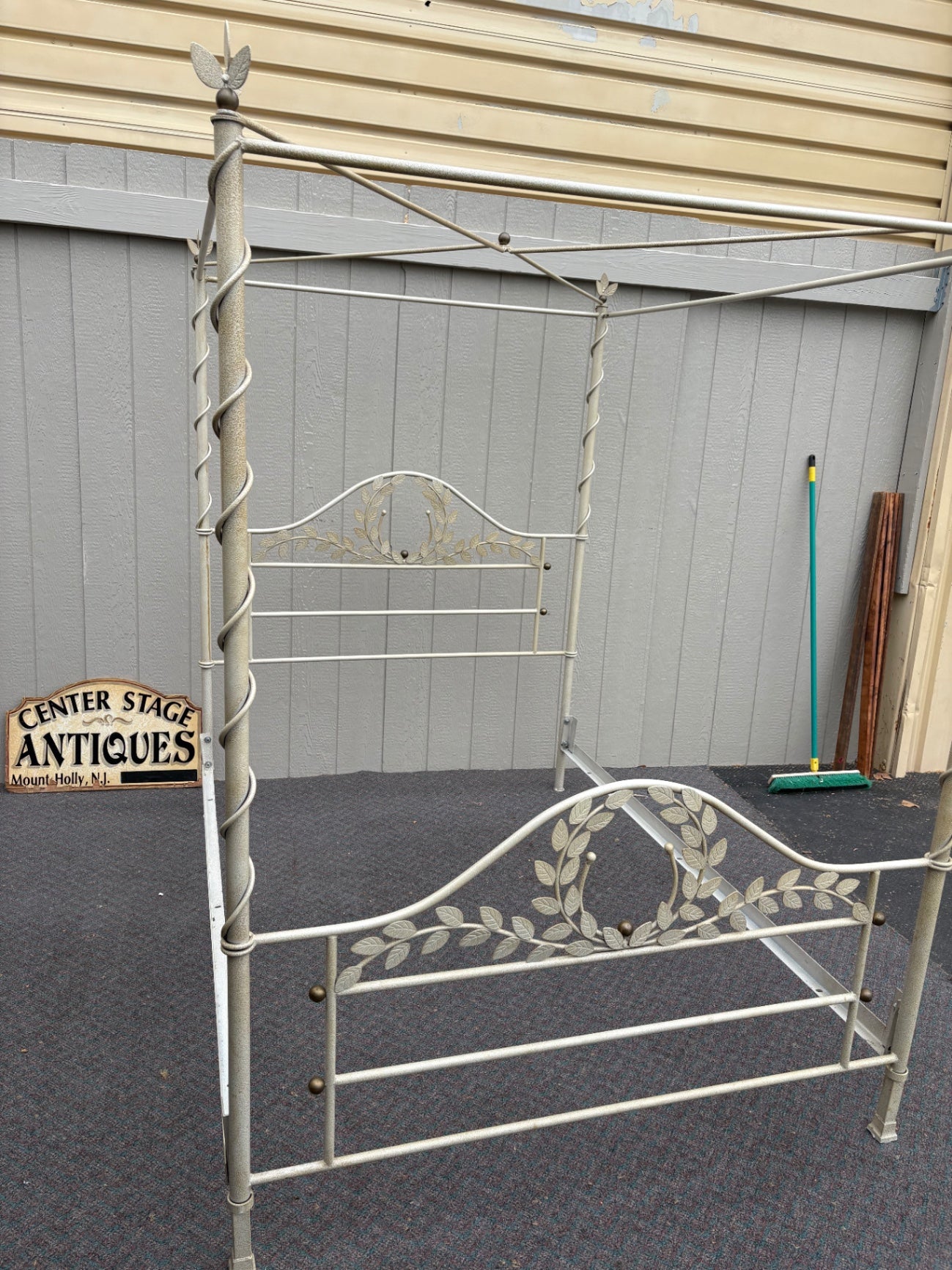 Vintage Iron Queen Size Canopy Bed with Leaf Motifs