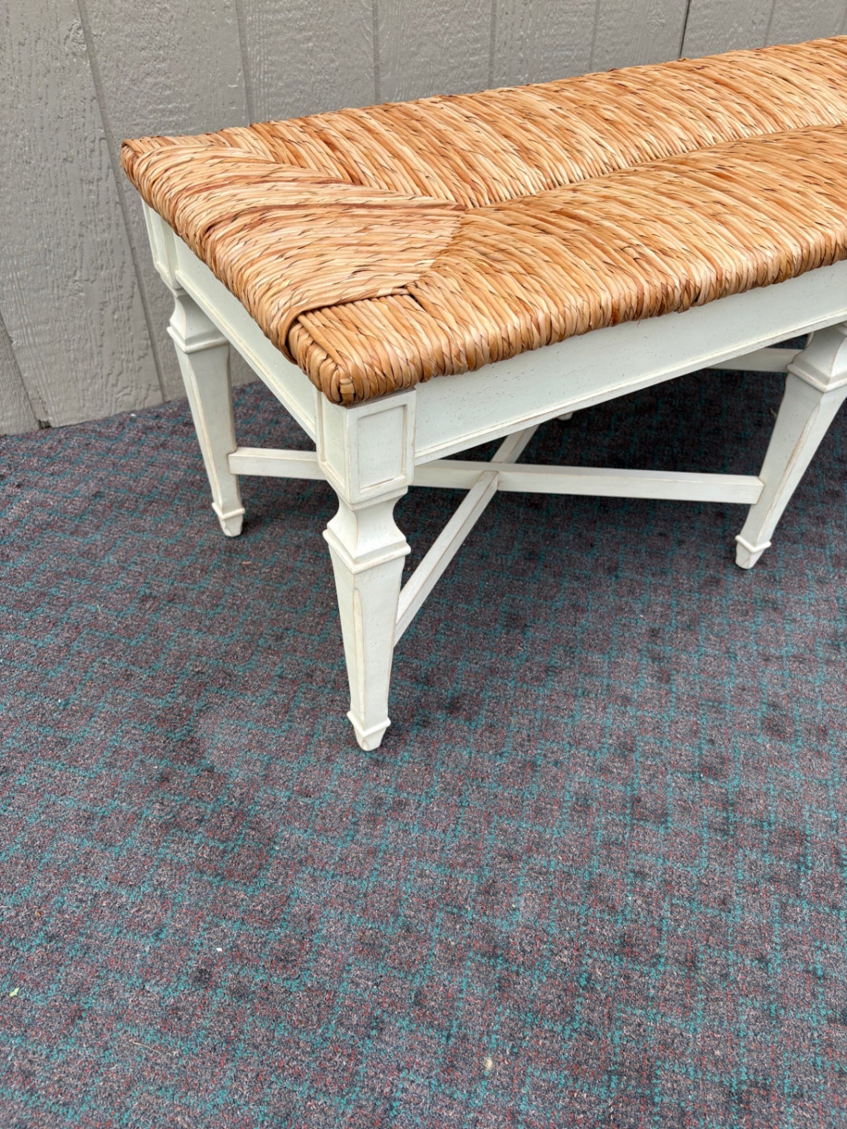 68074 Rustic French Country Rush Seat Bench with Painted Wood Frame