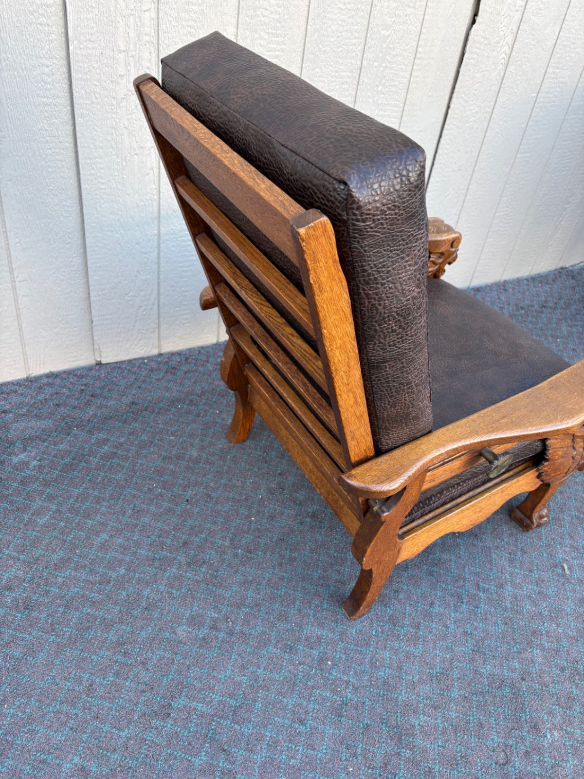 68007  Victorian Oak Morris Chair with Gryphon Carvings and Leather Upholstery