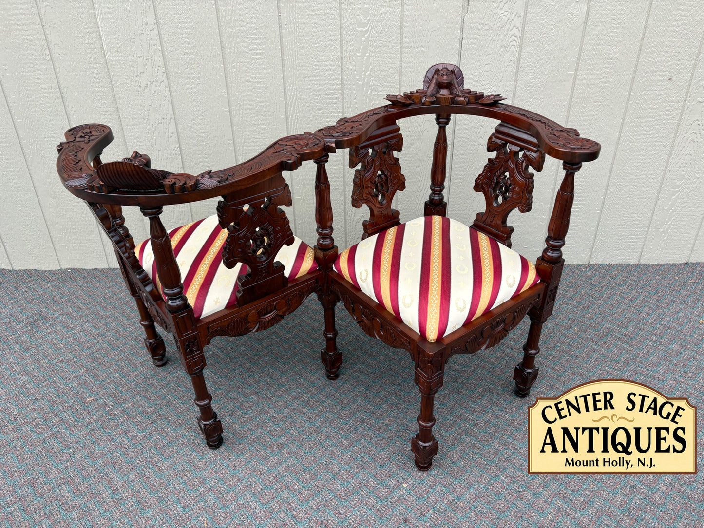 67730 Victorian Tête-à-Tête Loveseat, Carved Mahogany, Striped Upholstery