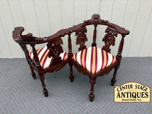 67730 Victorian Tête-à-Tête Loveseat, Carved Mahogany, Striped Upholstery