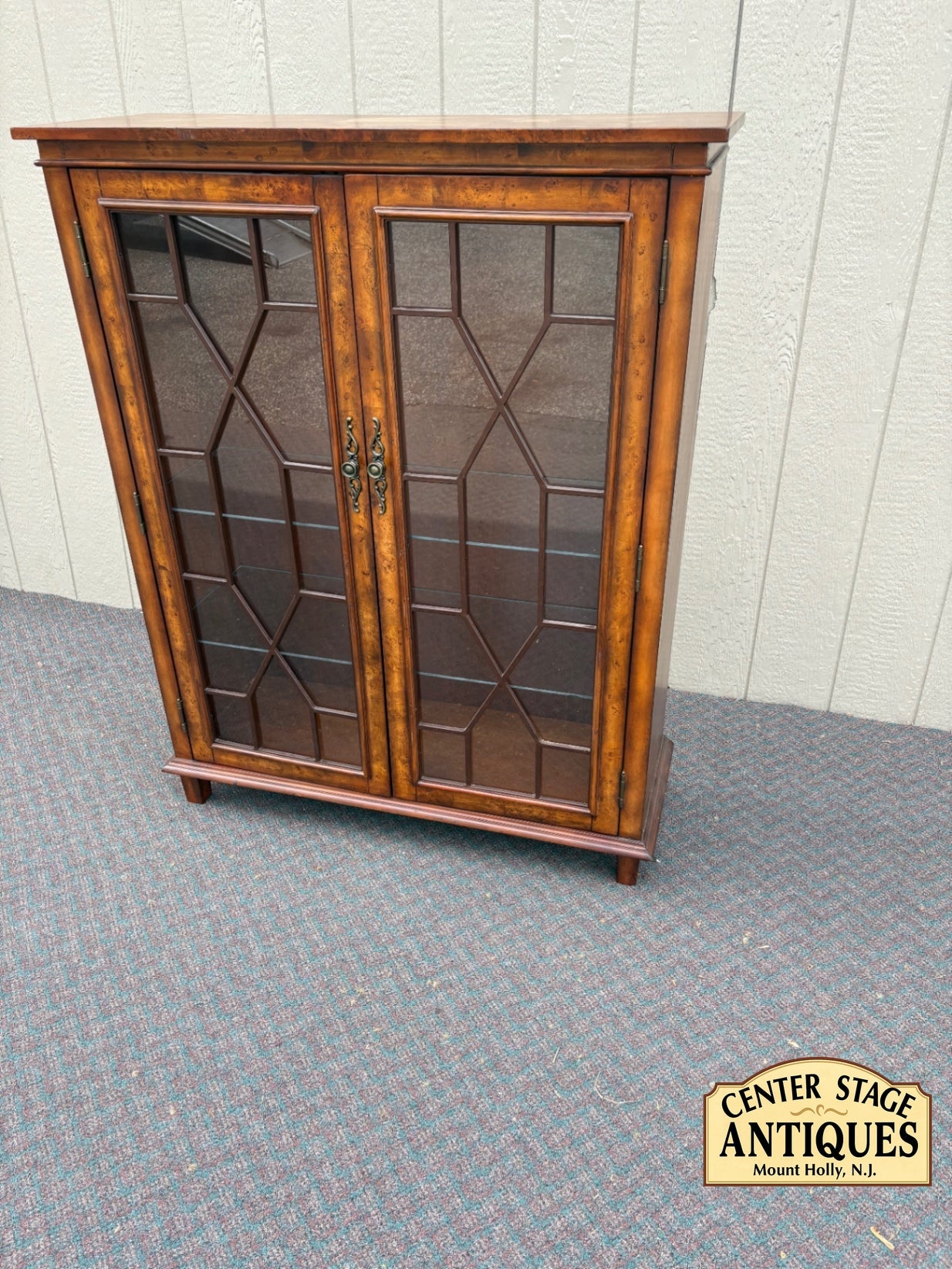 67660 Vintage Glass Front Bookcase with Geometric Wood Inlay