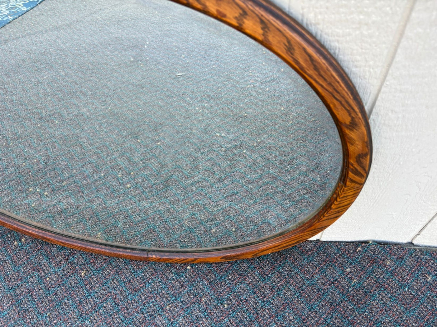 67652 Antique Victorian Oval Oak Beveled Wall Mirror with Carved Detail