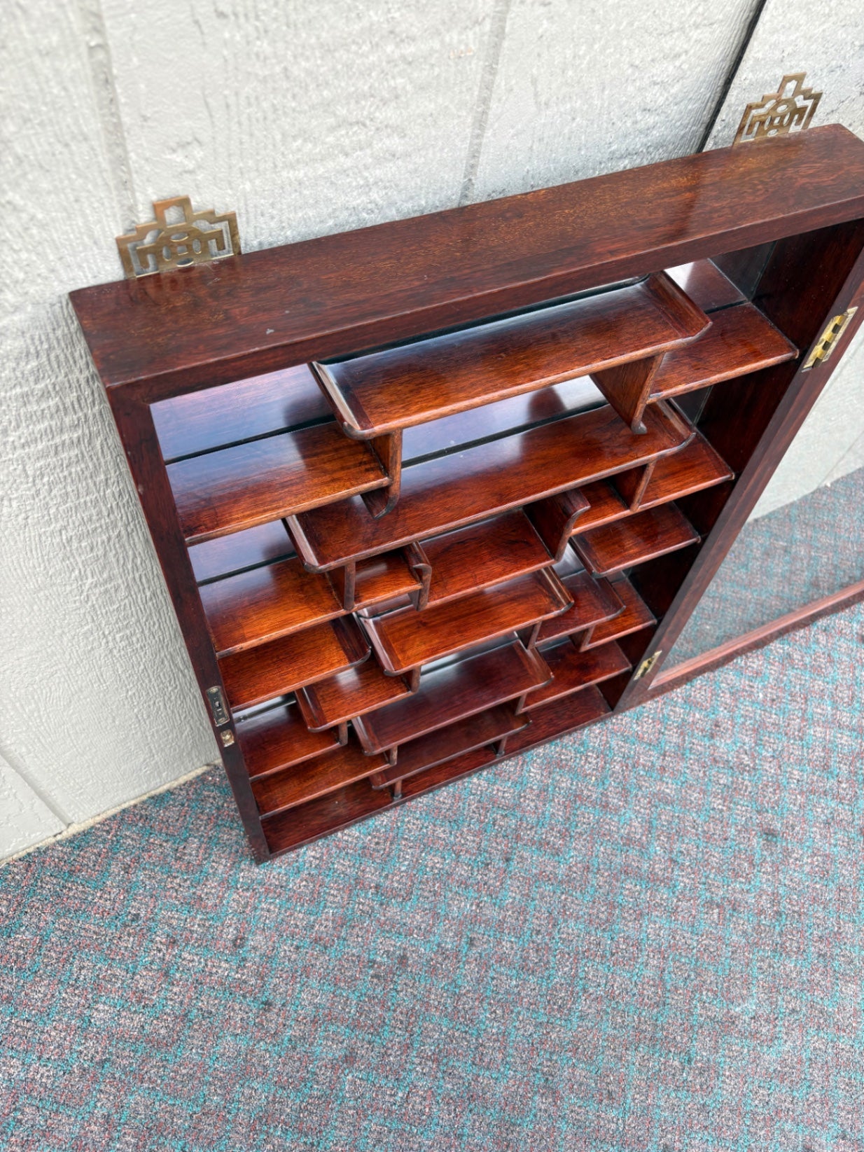 67960 Vintage Oriental Wall Shelf Curio Cabinet with Glass Door