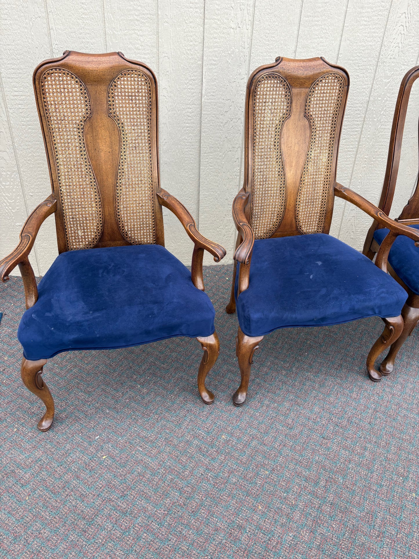 67644 Set of 6 John Stuart Queen Anne Dining Chairs in Walnut and Blue Upholstery