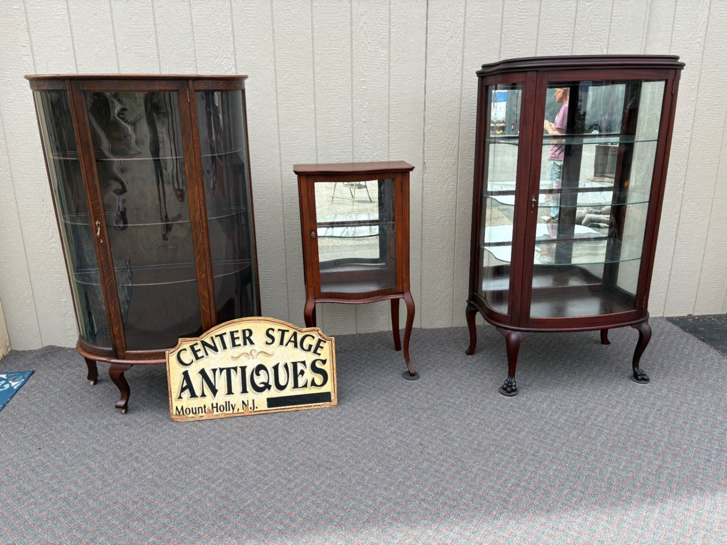 67680  Antique Bowed Oak China Cabinet with Glass Door Display