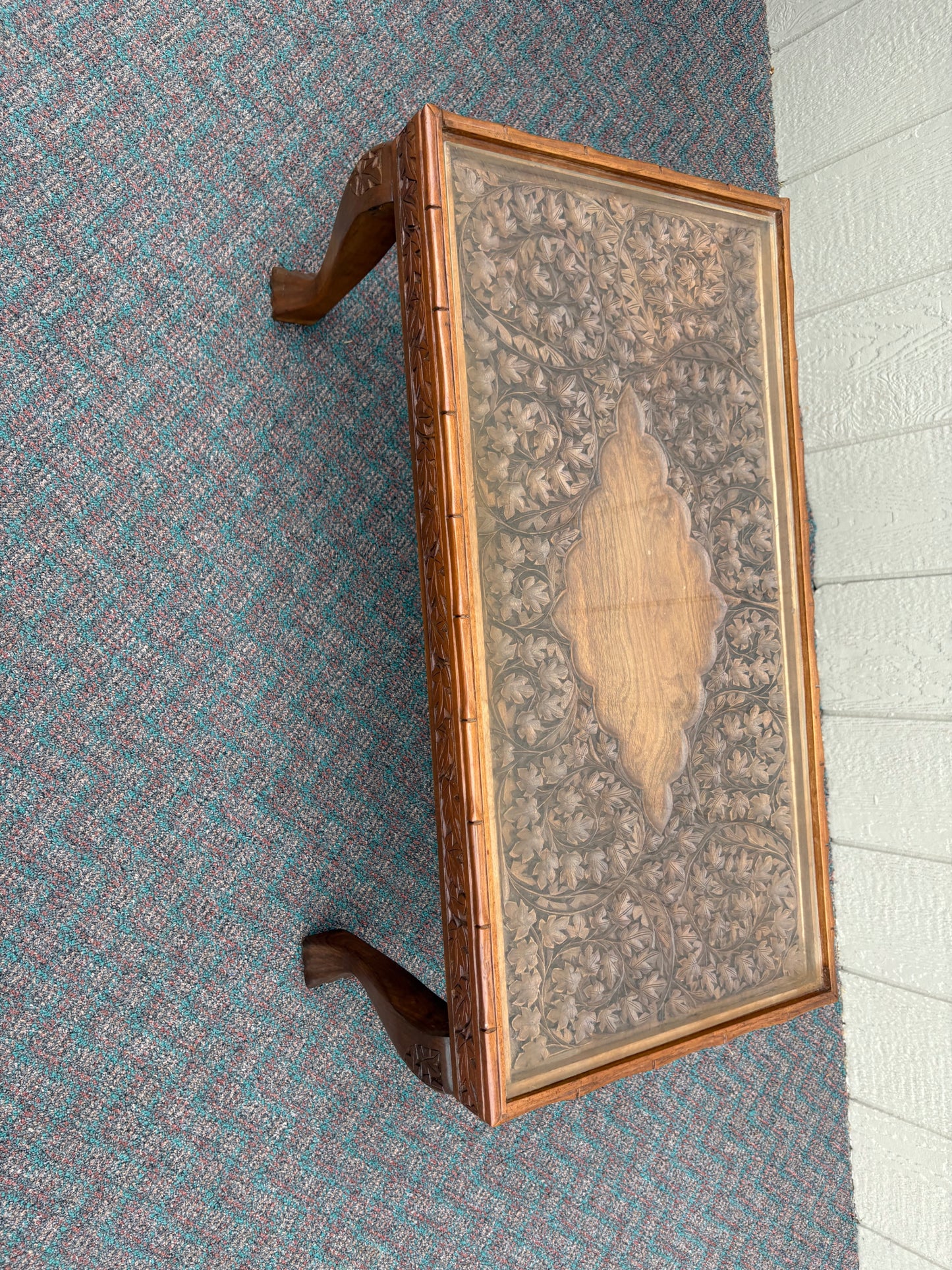 67733 Hand-Carved Coffee Table with Glass Top and Floral Design