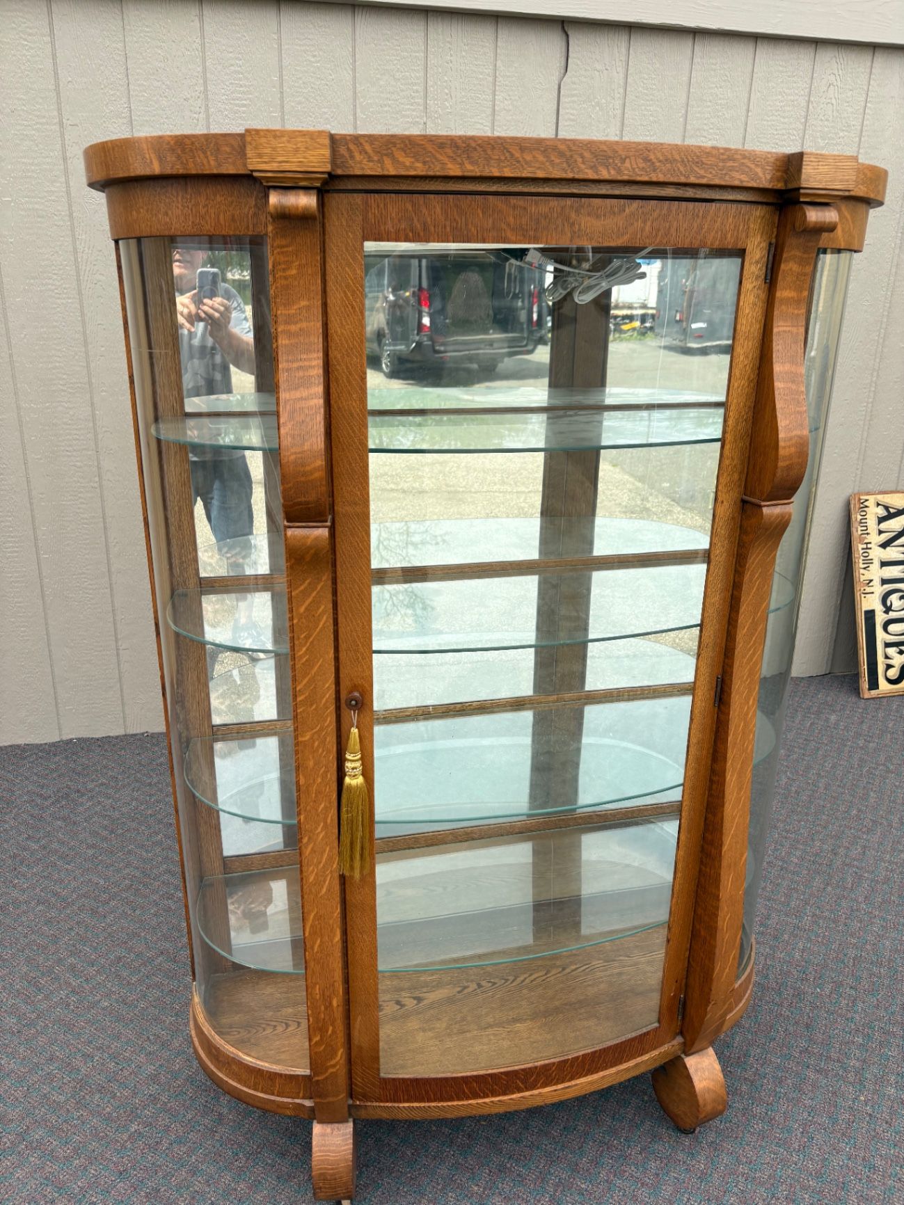 67676 Antique Oak Empire Curved Glass China Cabinet with Shelves