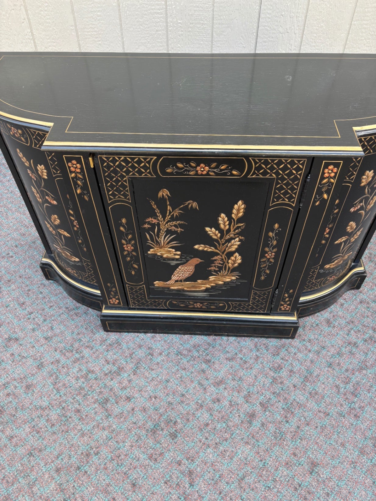 68118 Black Lacquer Asian-Inspired Cabinet with Floral and Bird Motifs
