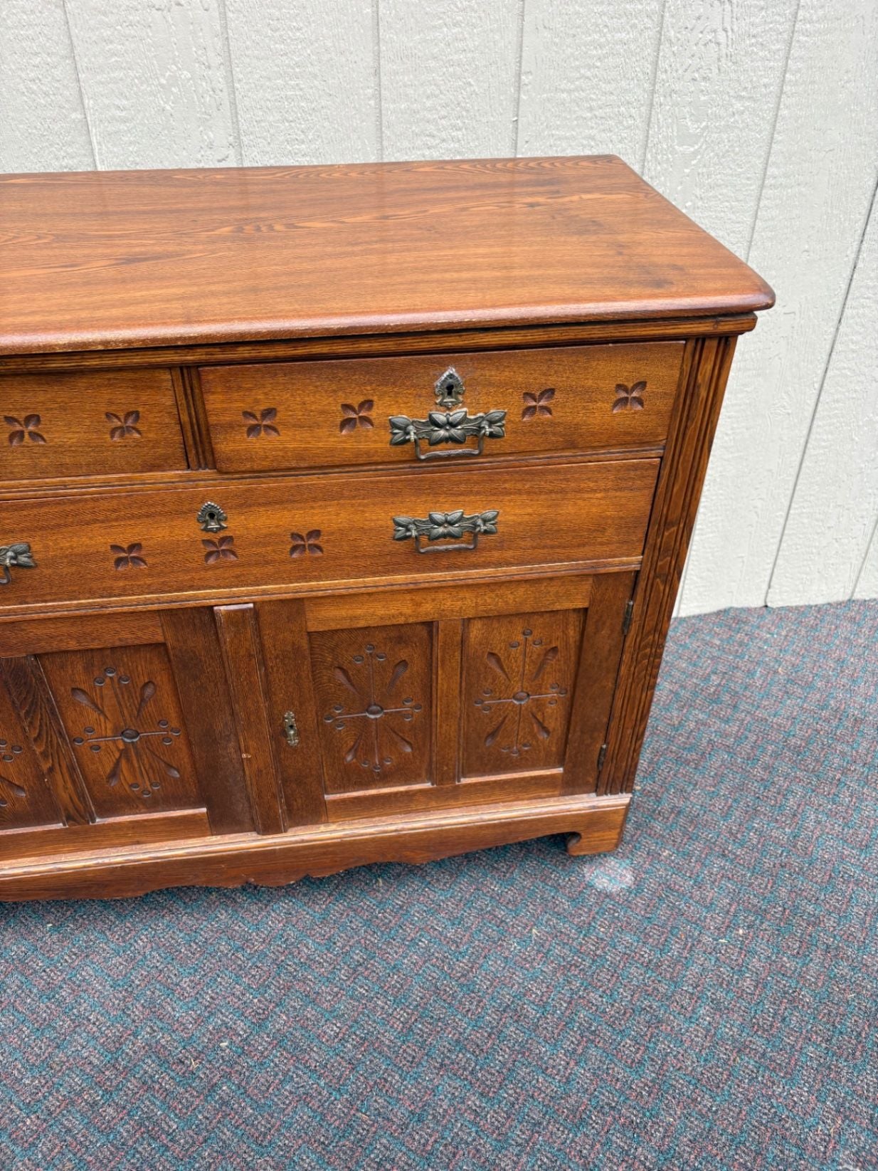 67625  Victorian Oak Buffet Server with Carved Details and Brass Hardware