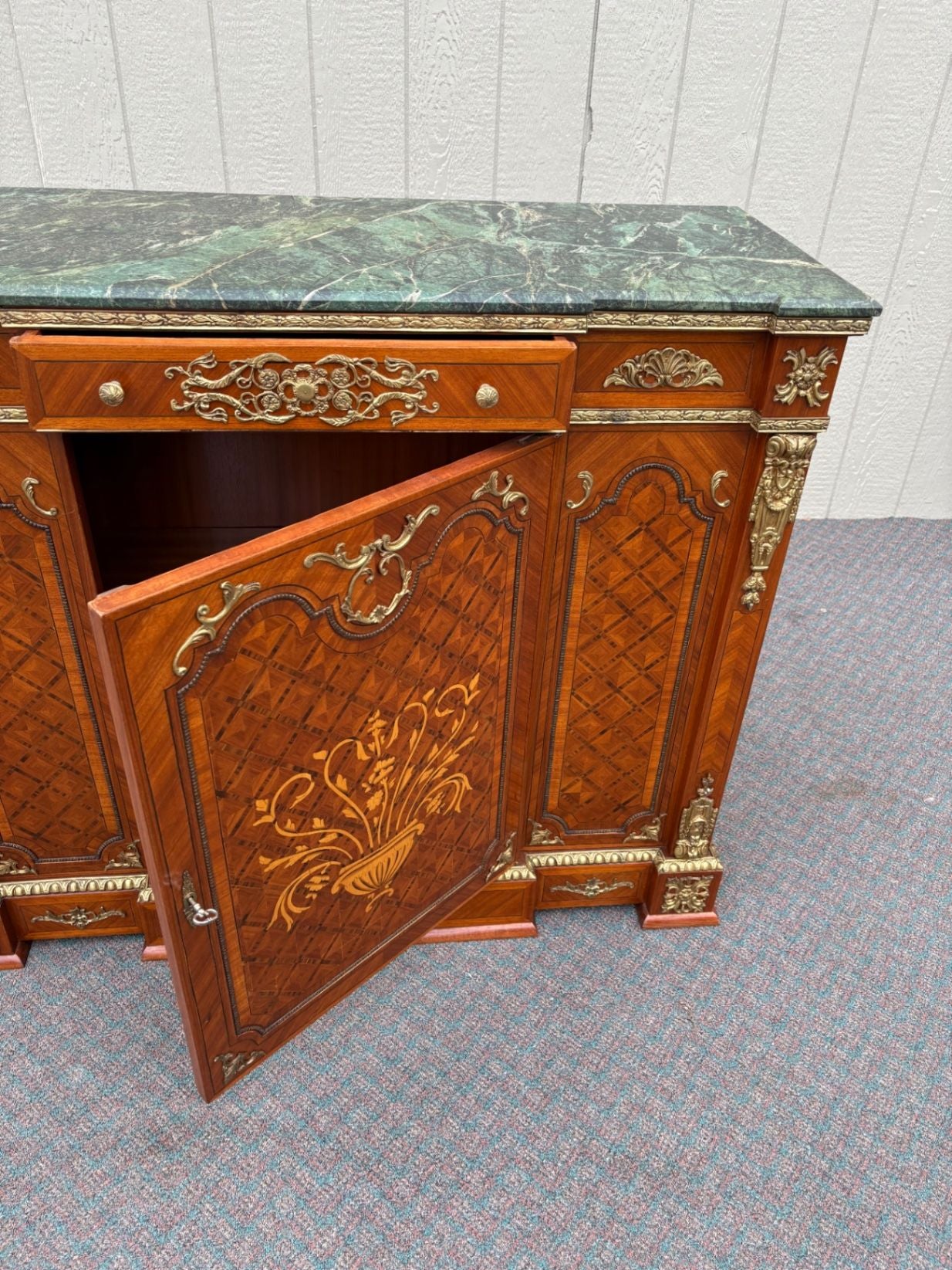 67520 Ornate French Style Marble Top Sideboard with Inlay and Gilt Details