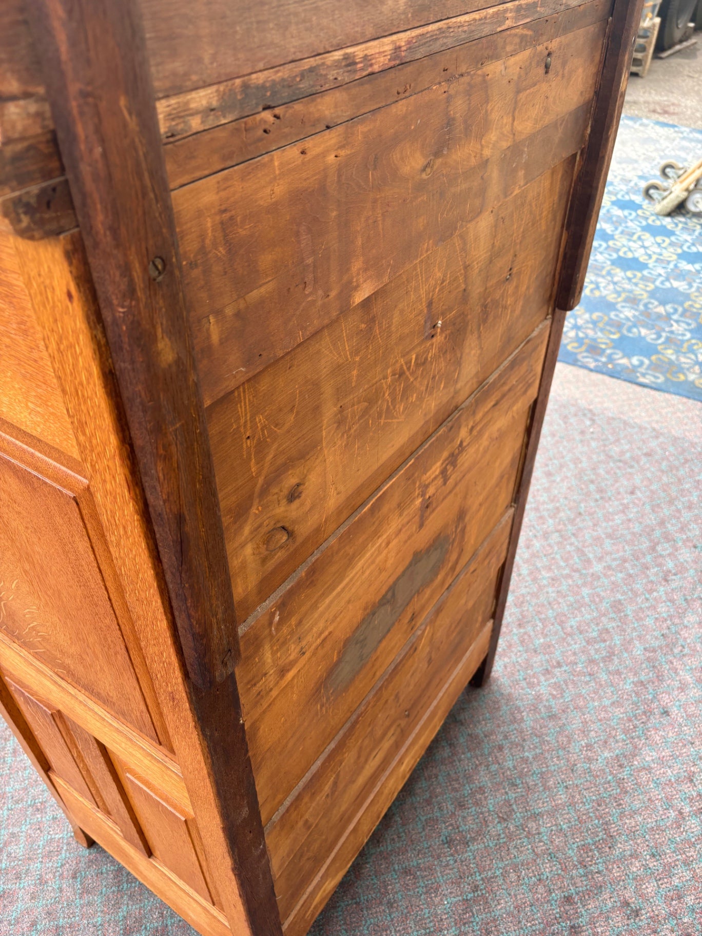 68057  Antique Oak Bonnet Chest with Ornate Carvings and Brass Hardware