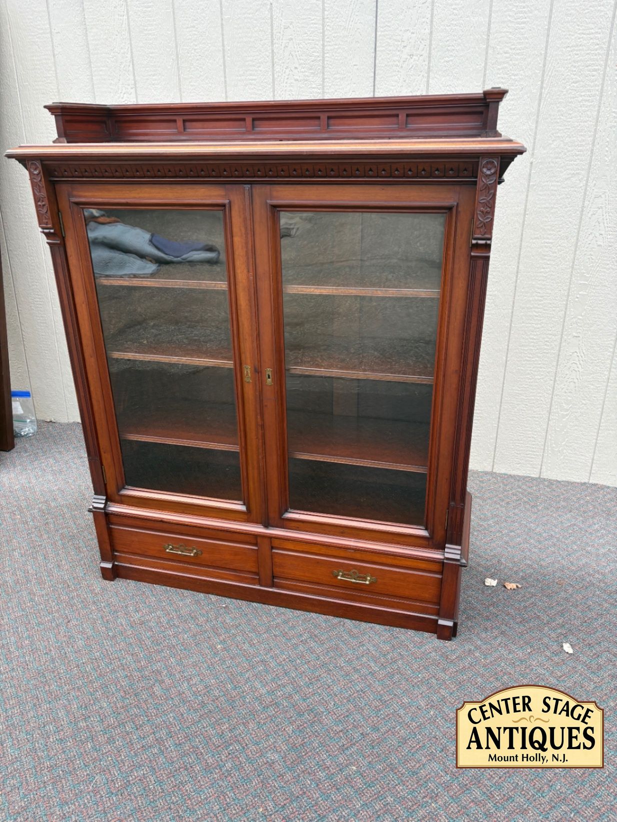 67568 Victorian Walnut Bookcase with Glass Doors and Drawers