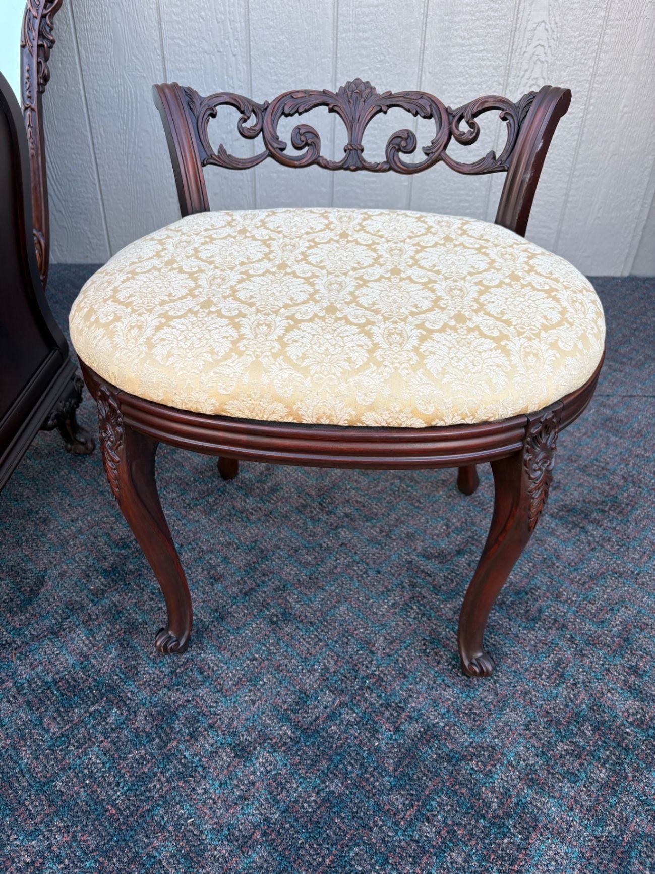 Ornate Mahogany Vanity Set with Mirror and Upholstered Bench
