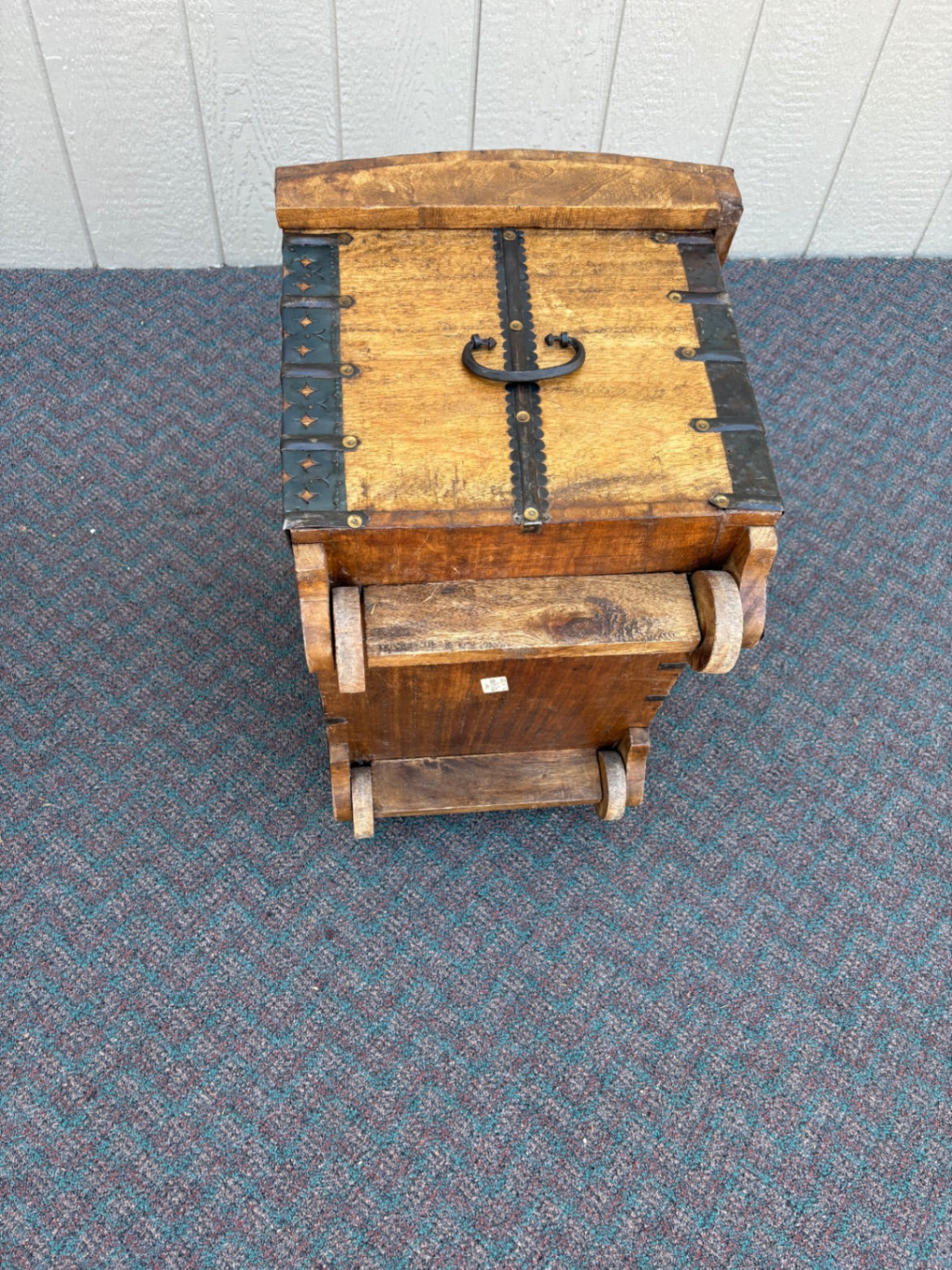 67771  Vintage PIER 1  Wooden Trunk on Wheels with Metal Accents