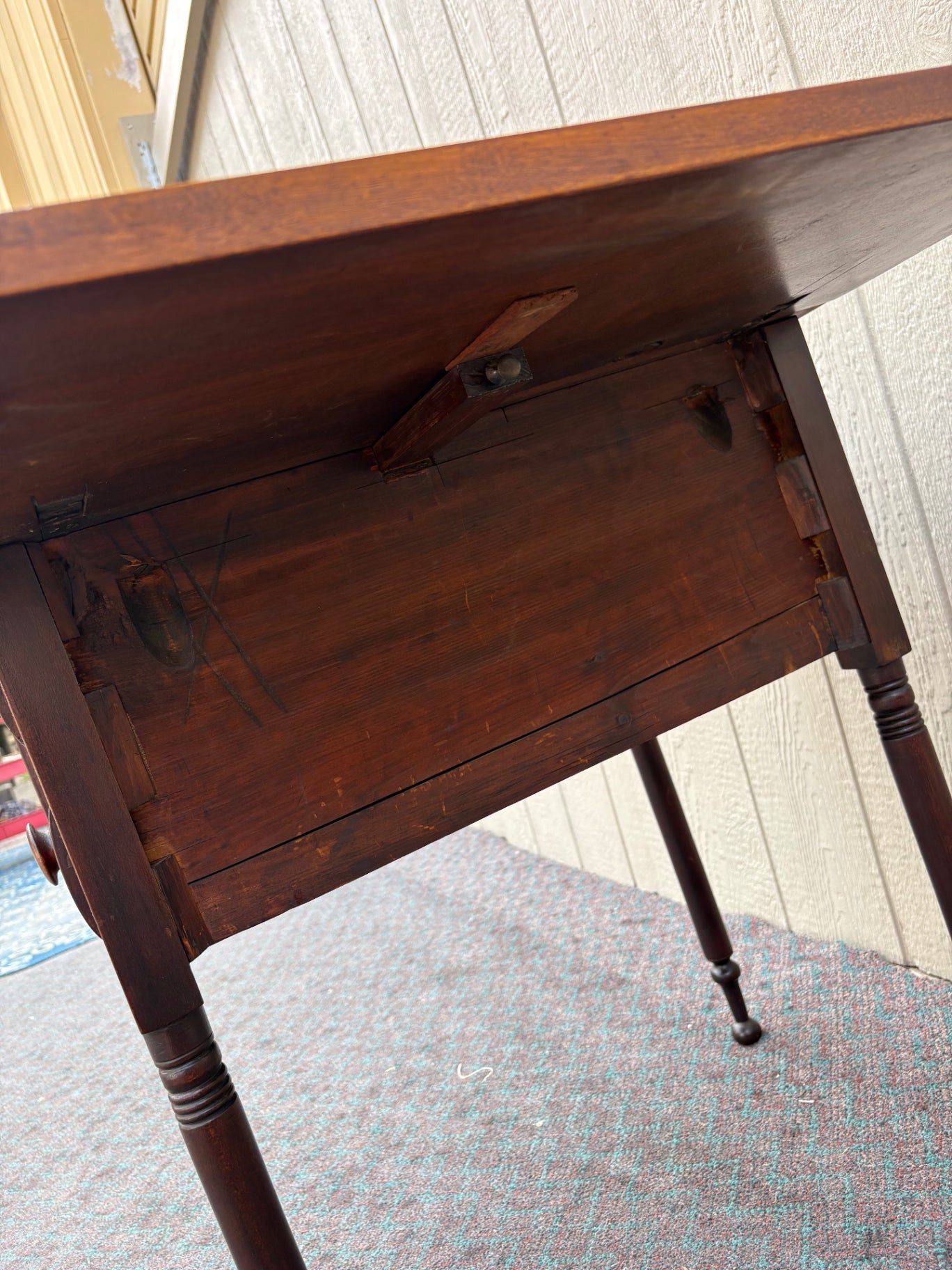68085  Antique Drop Leaf Side Table with Drawers, Solid Wood