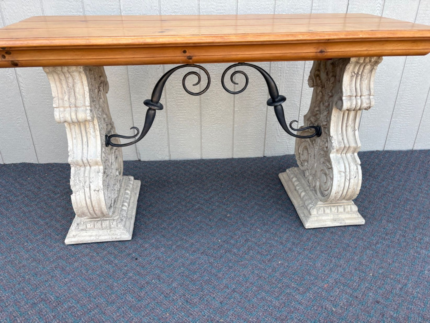 67646  Rustic Console Table with Carved Stone Base and Iron Accents