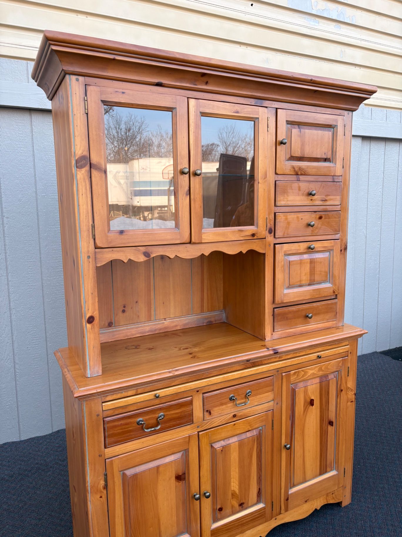67501  Vintage Pine Two-Piece Cupboard Cabinet with Glass Doors