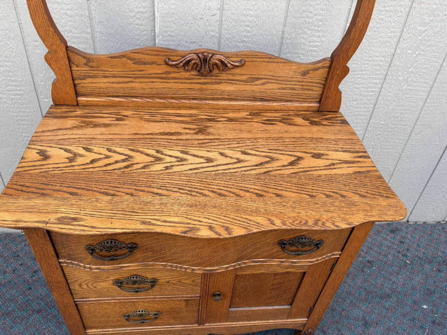 68035 Victorian Oak Washstand with Towel Rail and Carved Details