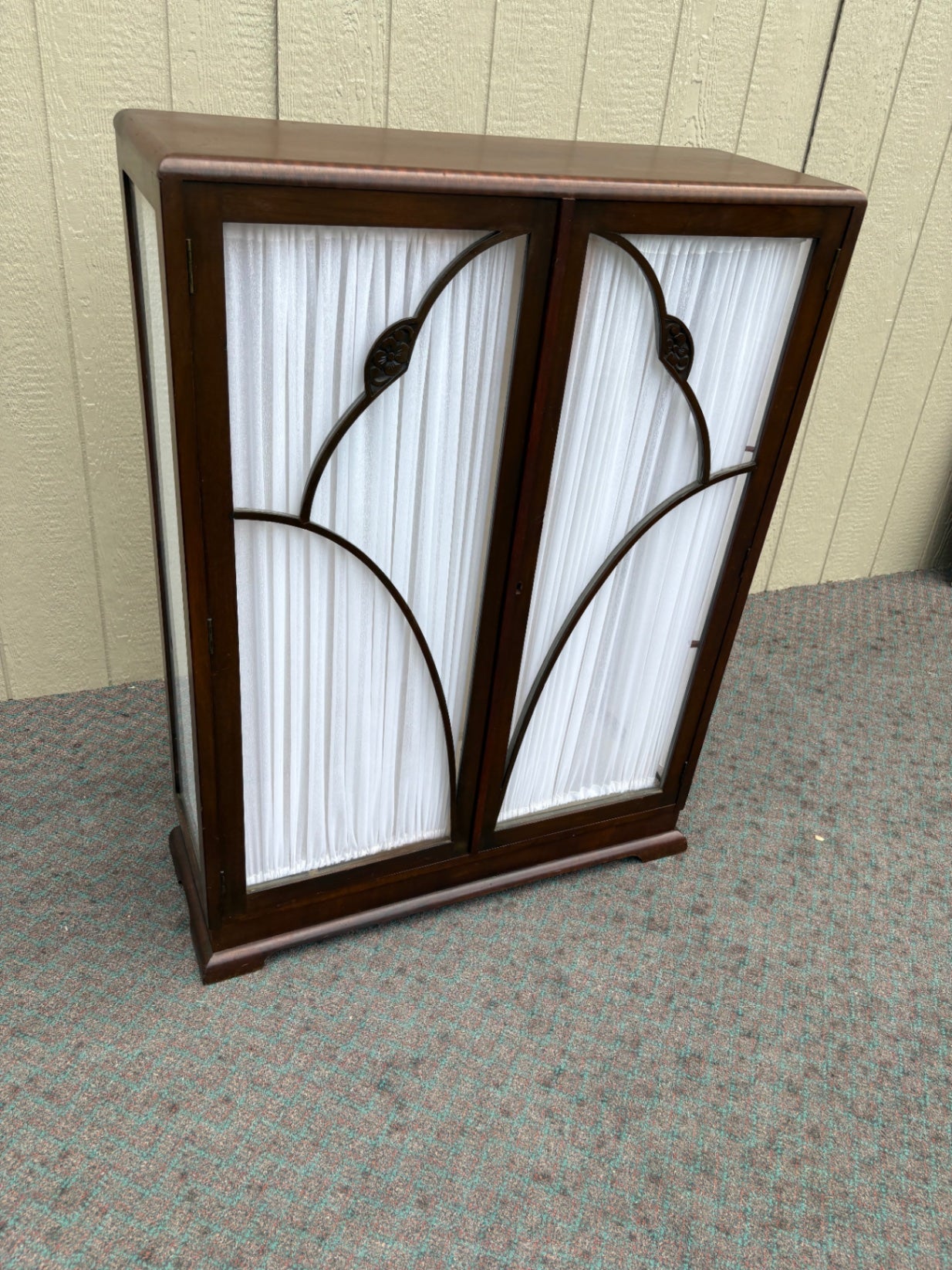 67980 Art Deco Two-Door Bookcase with Carved Detailing and Fabric Panels