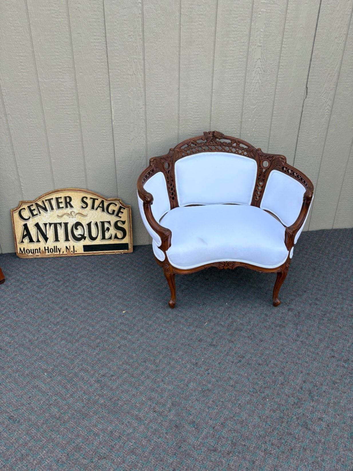 67850 Victorian Carved Wood Settee with Bird Motif and Upholstery