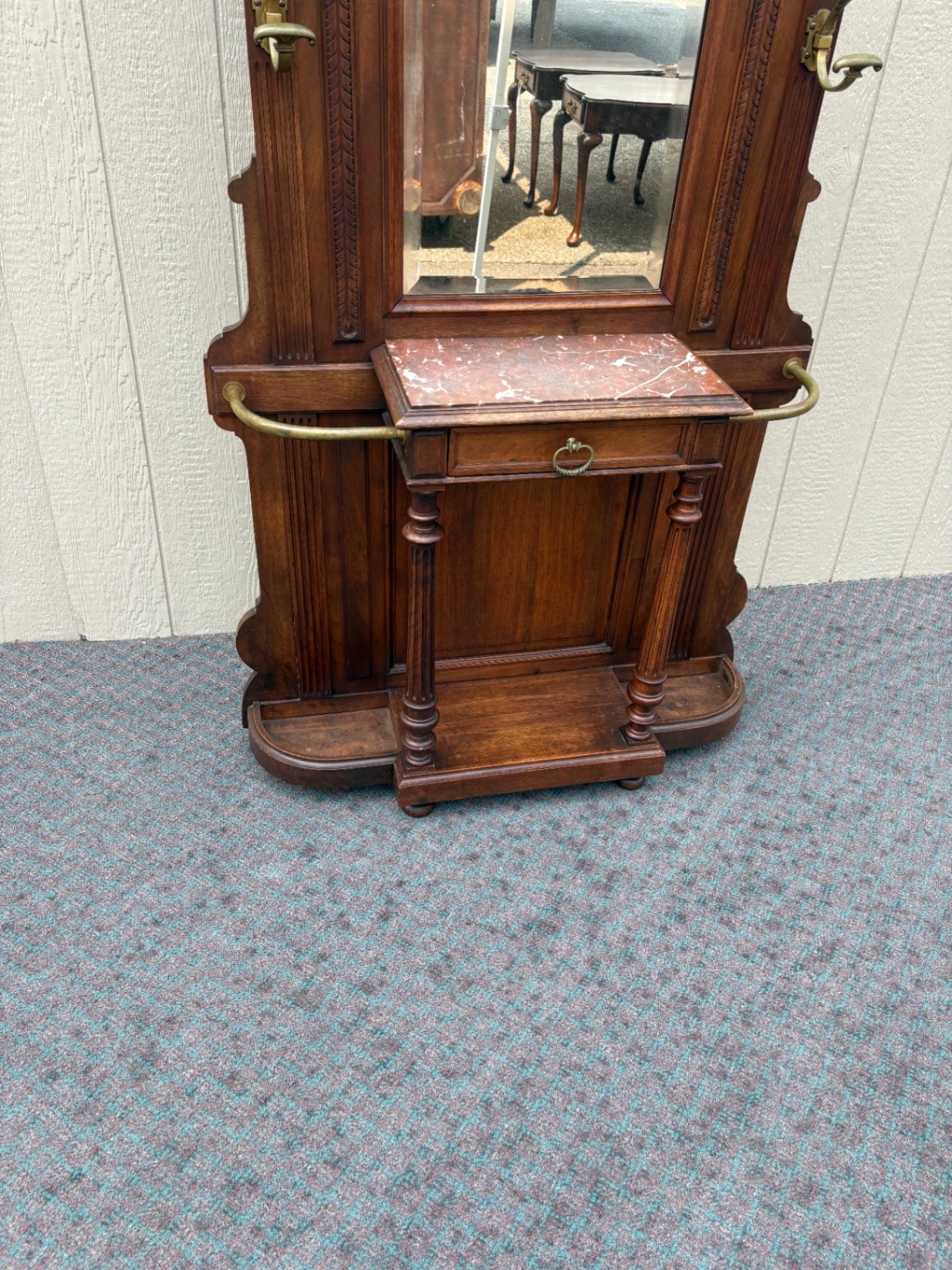 67570 Victorian Hall Tree Hatrack with Mirror and Marble Shelf
