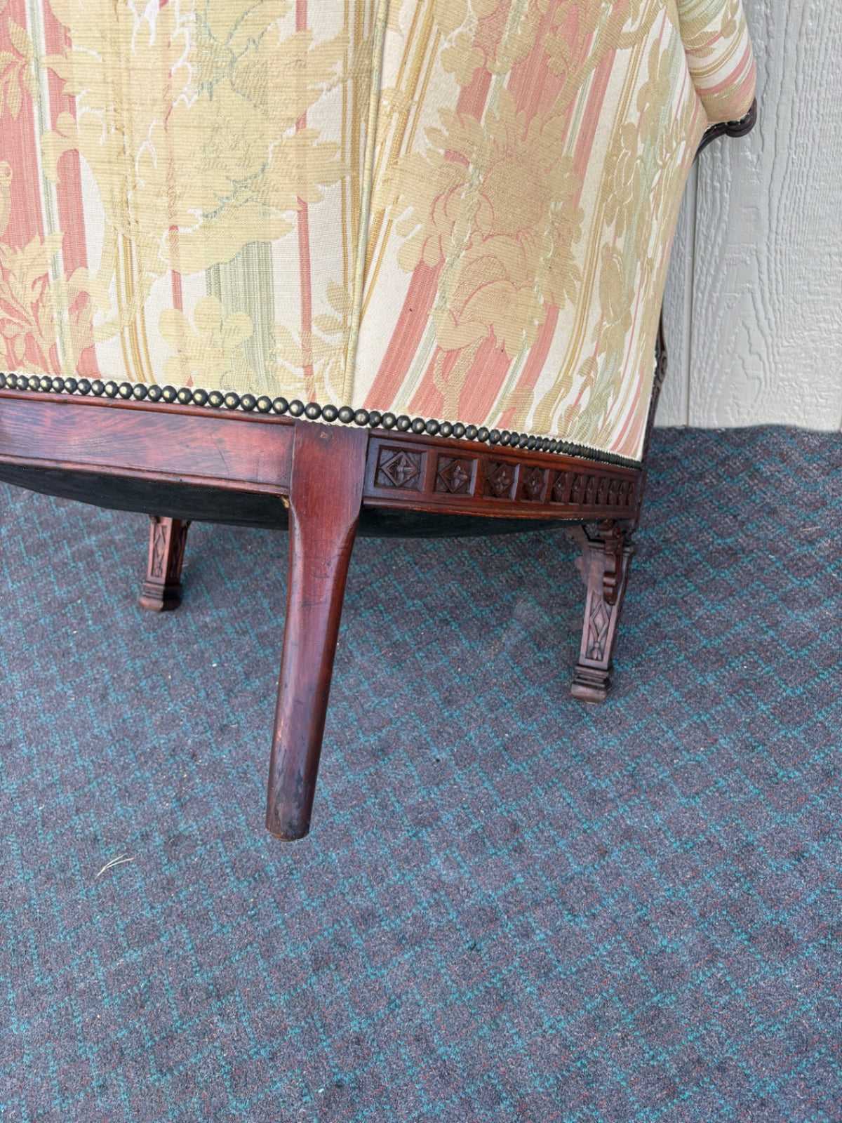 68209  1940s Carved Tufted Armchair with Floral Upholstery